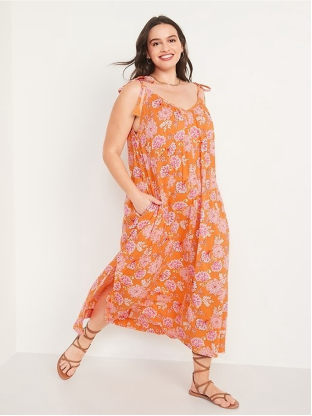 Old Navy Maxi Swing Dress Orange Floral Tie SZ 2XL Resort Beachy Vacation